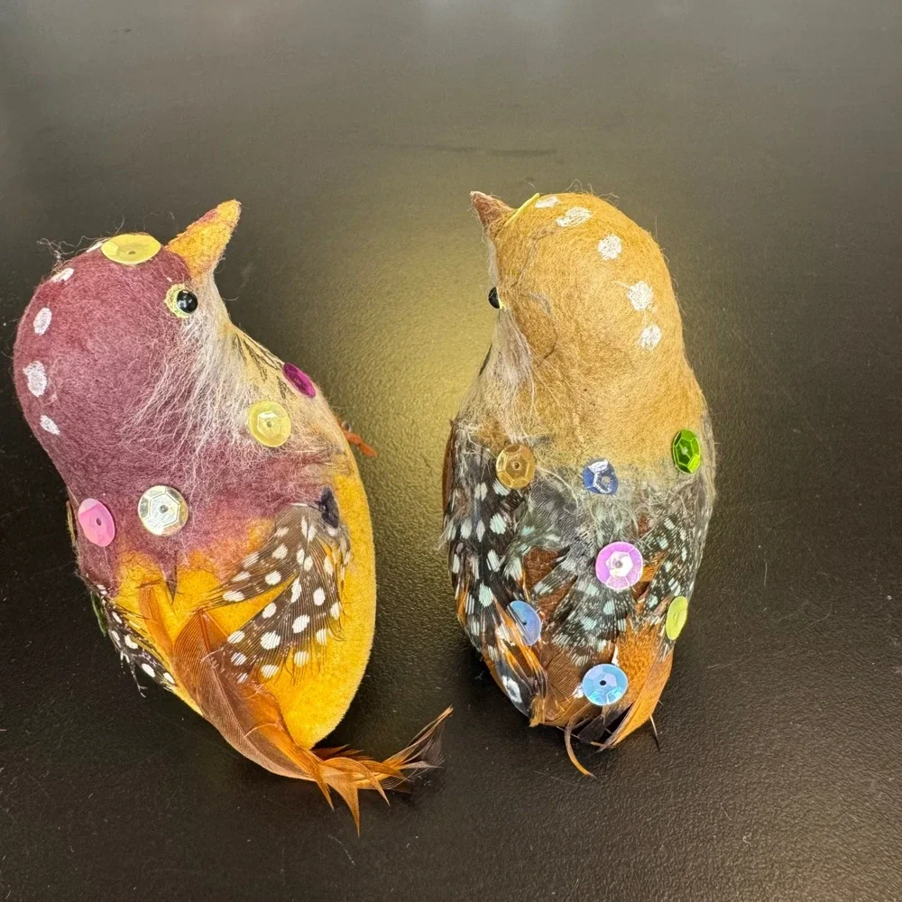 Vintage Bird Ornaments Set of 2 Small Multicolor Sequin Feathered Flocked Decor